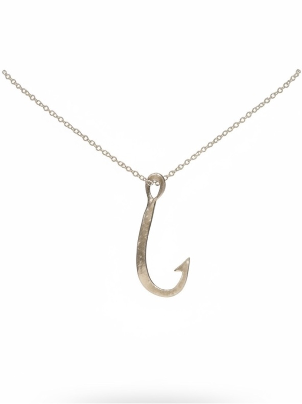 Artisan crafted hand cut silver pewter hook pendent 2‎ inch steel chain necklace